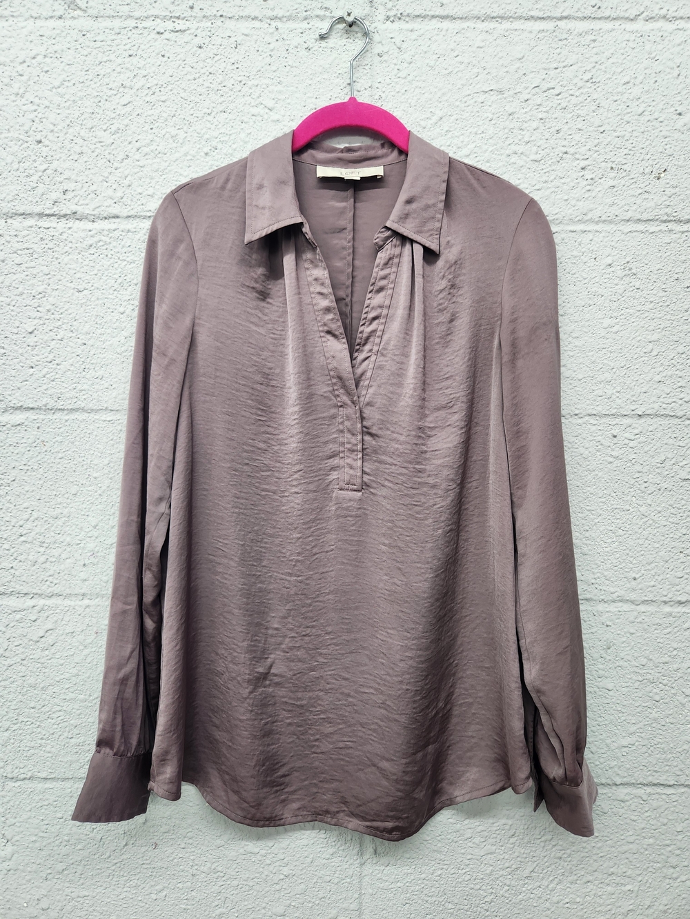 LOFT Mauve Satin-Effect V-Neck Long Sleeve Blouse